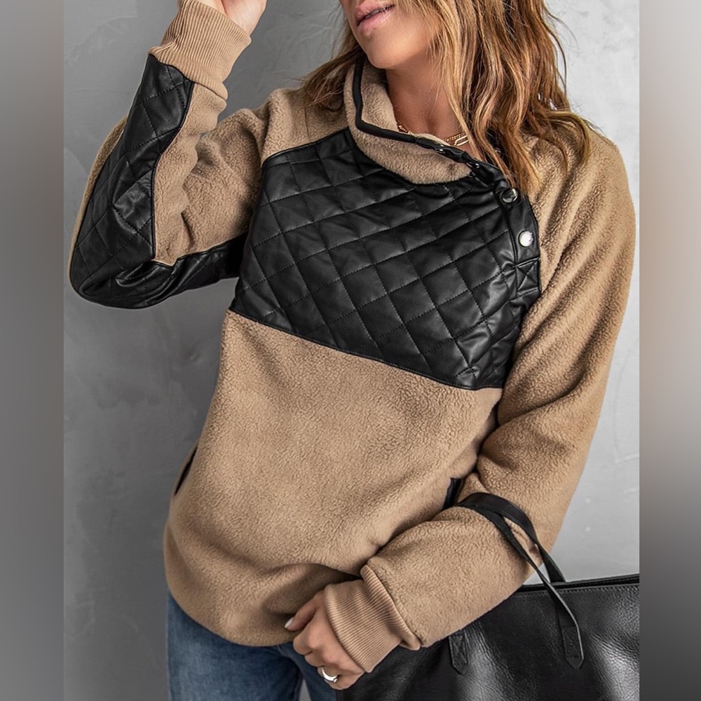 Khaki Buttons Pocketed Quilted Color Block Fleece Sweatshirt